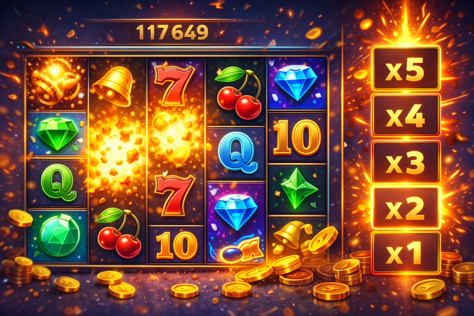 Виграшні символи зникають нові падають зверху а множник виграшу зростає з кожним каскадом